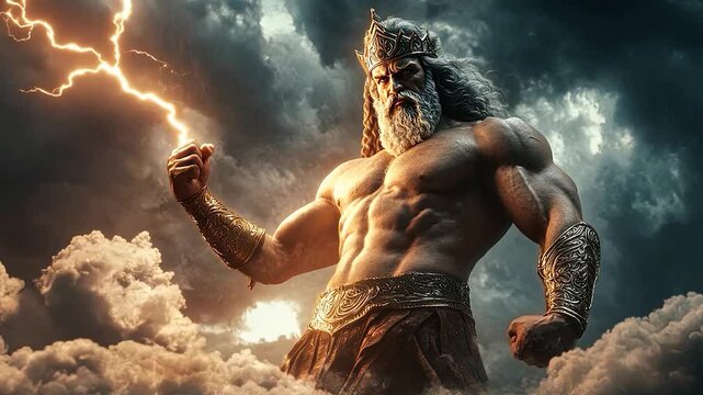 powerful zeus, showing detailed anatomy and musculature against a sky and lightning background, sometimes in dark art or fantasy