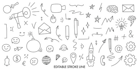 Hand drawn doodle start up symbols icons set. Vector elements on white background for business presentation checklist, financial, marketing meeting, brainstorm strategy, good idea, success management 