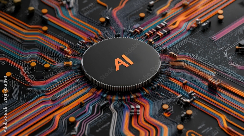 Poster circuit board with ai signage and colorful connections
