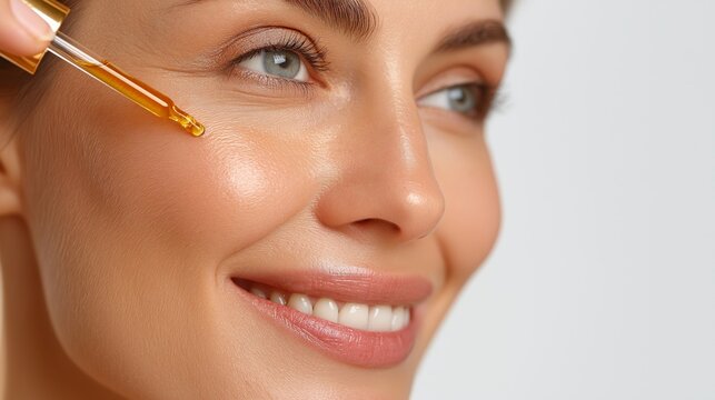 Brightening skin treatment with facial oil applied by a woman in a calm setting