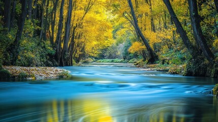 Serene autumn scene: Golden foliage reflects in the flowing river water