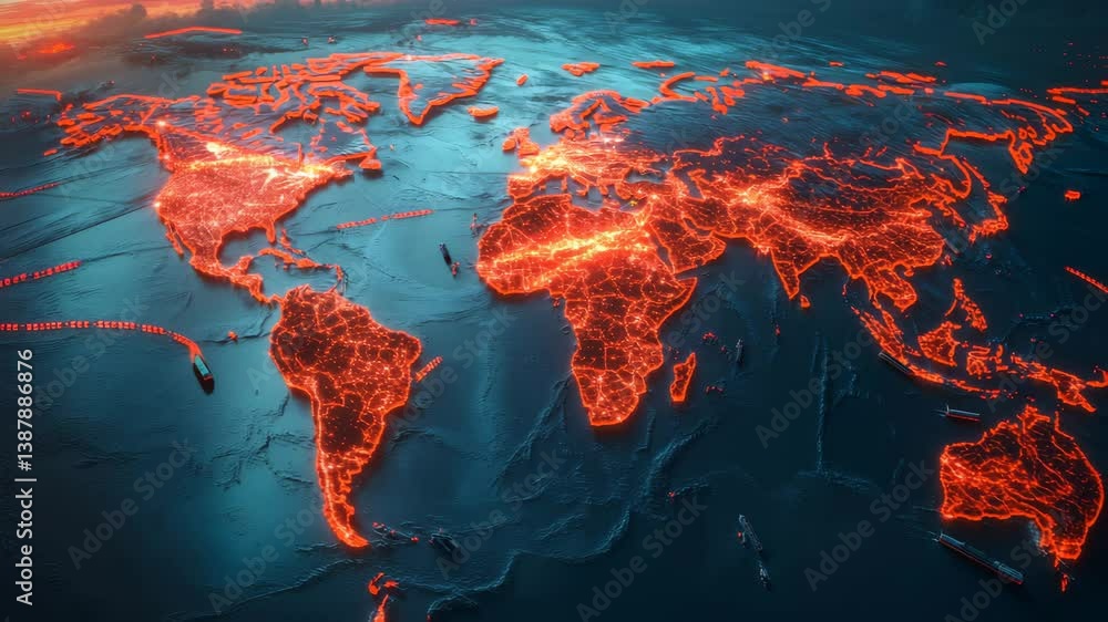 Poster glowing world map with illuminated continents and red lines showcasing global connectivity, network 