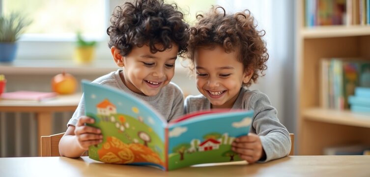 Two diverse preschool students read book together in classroom. Kids smile, learn. Education concept, friends. International school environment. Reading mag, fun.