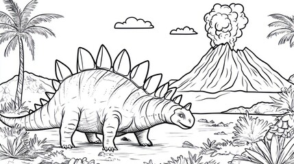 Prehistoric dinosaur coloring page, tropical landscape, volcano, education © Mundhut
