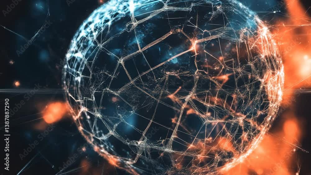 Poster glowing abstract digital sphere with intricate network lines and vibrant blue and orange hues symbol