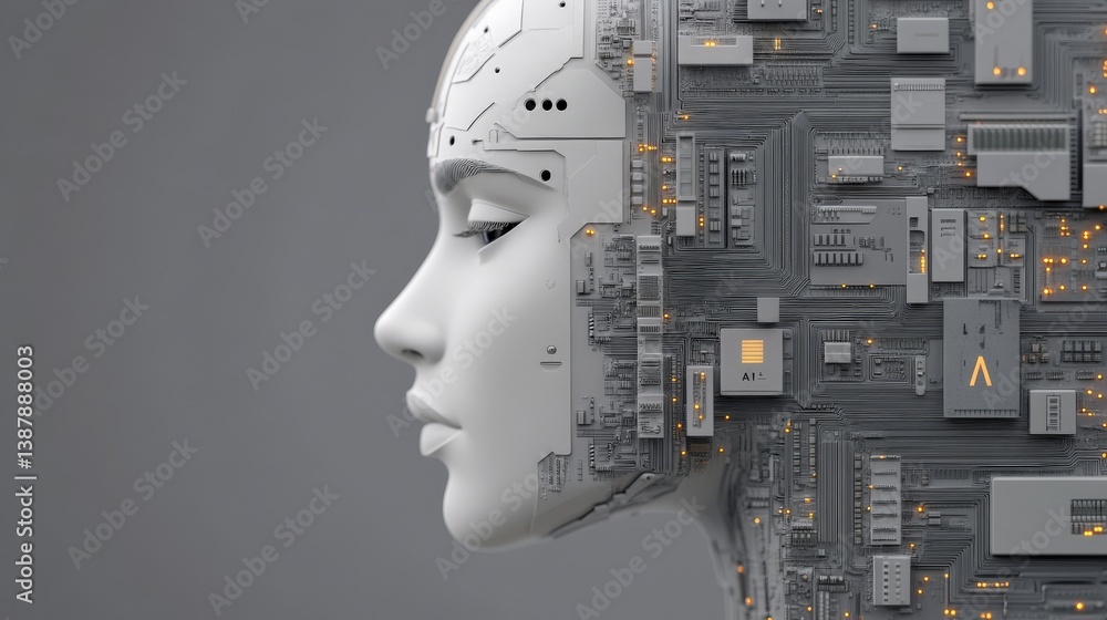 Poster futuristic artificial intelligence concept with circuitry and profile
