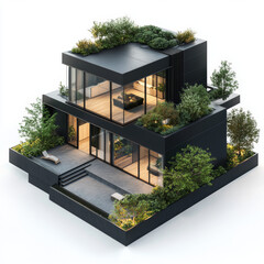 Modern Minimalist Black House with Garden and Rooftop
