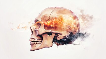 Skull model with molten orange and black liquid painting, rich details, soft lighting, sepia oil painting aesthetic - Chaos 15