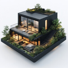 Modern Minimalist Black House with Garden and Rooftop