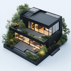 Modern Minimalist Black House with Garden and Rooftop