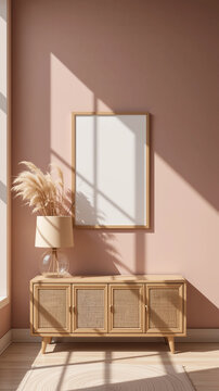 Blank photo frame mock up mount on pale pink wall above cabinet with dry plant in vase decoration. Concept of Minimal or Display art gallery.
