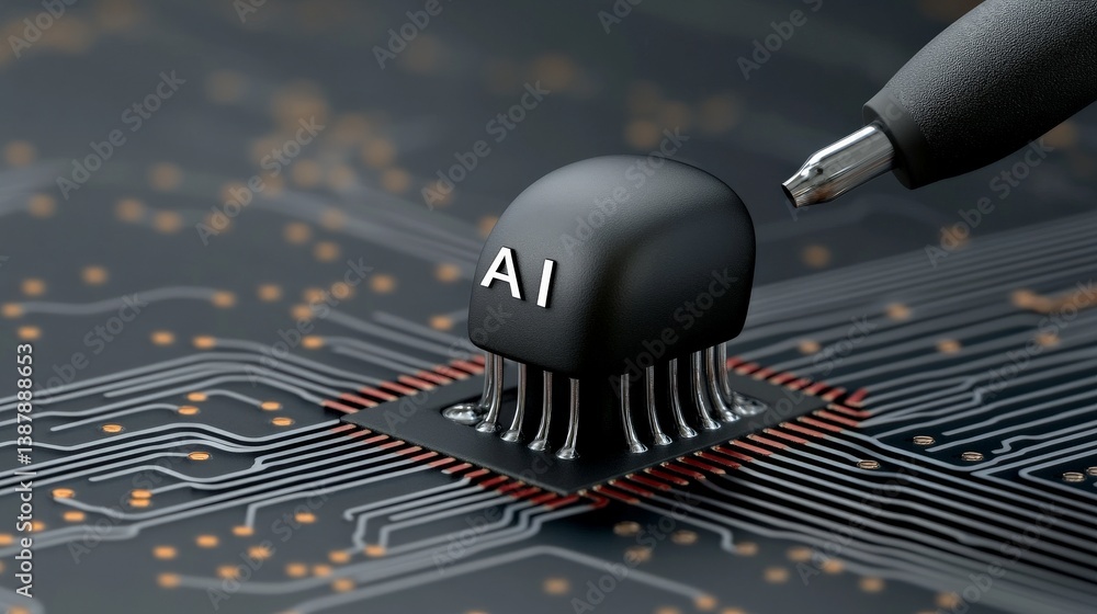 Poster artificial intelligence concept with chip and pen on circuit board