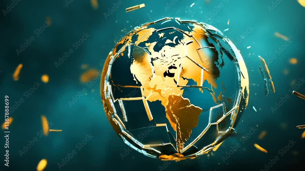 Aufkleber digital rendering of fragmented globe with golden continents on teal background symbolizing global c