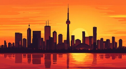 Beautiful Sunset City Silhouette with Reflections on the Water