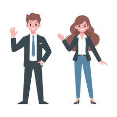vector businessman and secretary standing waving hands