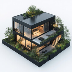 Modern Minimalist Black House with Garden and Rooftop