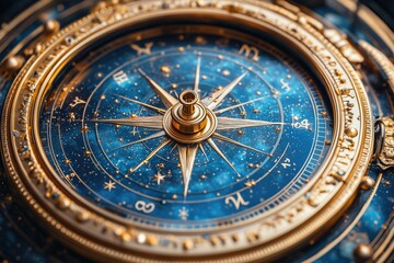 Celestial zodiac design featuring blue background with golden stars