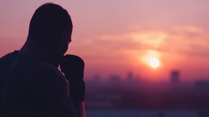 Fototapeta premium Sunset Boxing Silhouette: A determined silhouette of a boxer engages in shadowboxing, set against a vibrant sunset with urban skyline. A study of power.