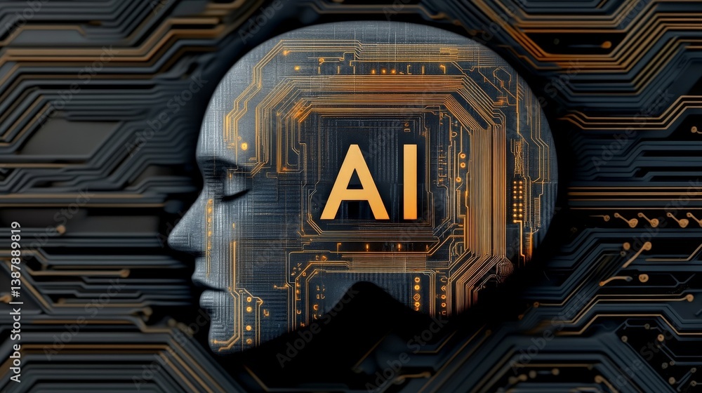 Poster profile of a human head with ai elements and circuit background