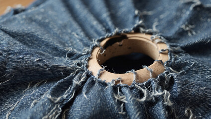 A Large Hole in Worn Blue Denim Fabric: The Story of Wear and Tear