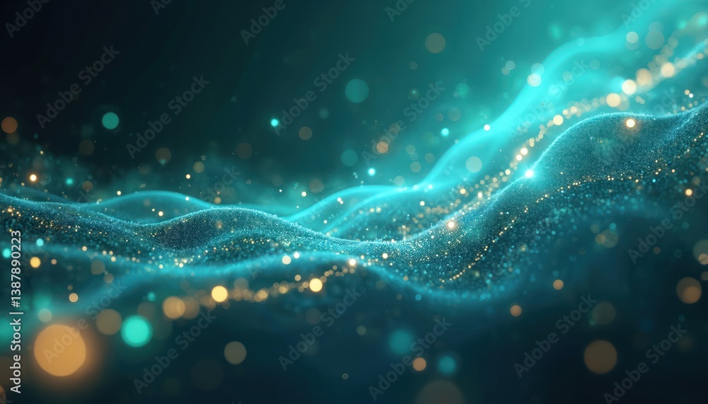 Aufkleber Abstract background with flowing light blue and green lines. Dynamic particles, data streams in air. Tech design element for modern concept digital technology, cyberspace, data visualization.