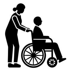 Fototapeta premium Silhouette of caregiver pushing patient in wheelchair