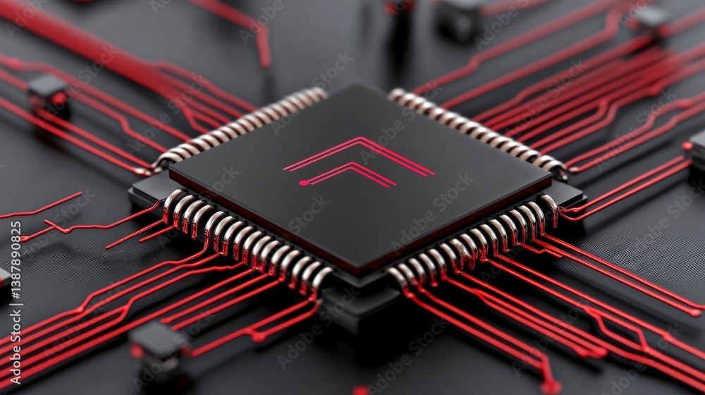 Poster black microchip with red circuit lines on dark background