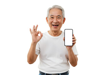 Senior Man Showing Smartphone Screen with Okay Sign in Studio