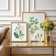 Fototapeta premium Elegant Living Room Decor with Greenery Art and Stylish Accessories