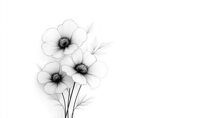 Three delicate flowers, rendered in grayscale, form a simple bouquet. The drawing features thin lines and subtle shading. The style is minimalist and elegant. A white background provides a clean co