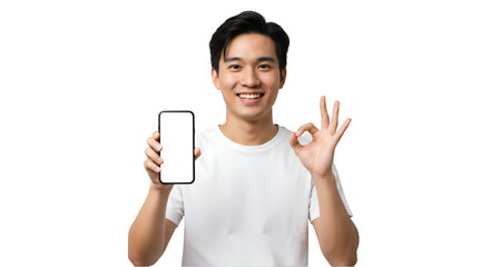 Smiling man showing smartphone with empty screen and doing okay sign