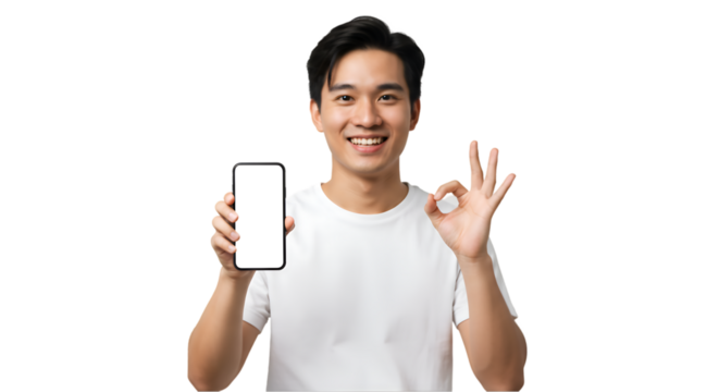 Smiling man showing smartphone with empty screen and doing okay sign