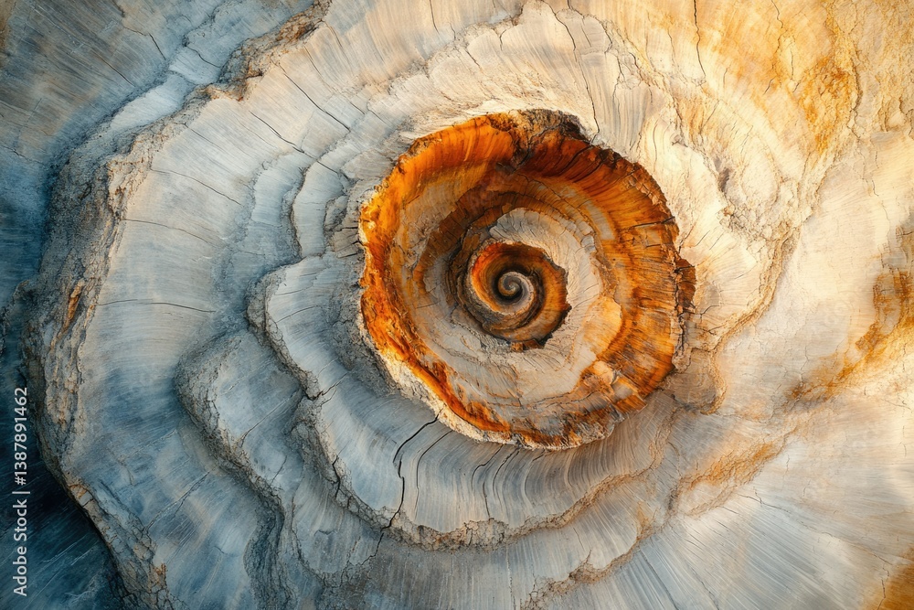Poster a mesmerizing spiral pattern revealed in the cross-section of a weathered tree trunk, showcasing nat