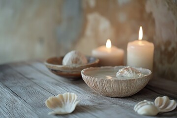 Serene spa setting with candles, shells, and water, evoking tranquility and relaxation.