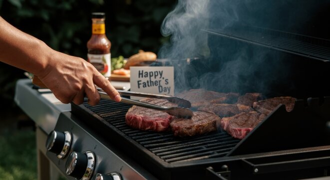 Father's day BBQ celebration with grilled steaks and smoky flavor