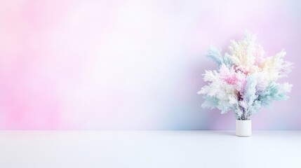 Fototapeta premium A delicate bouquet of pastel flowers in white vase on minimalist pastel gradient background, soft lighting, and serene and elegant composition.