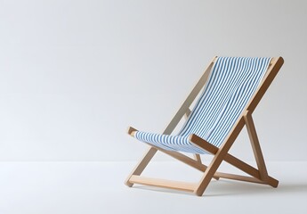 Blue striped wooden deck chair against minimalist white background