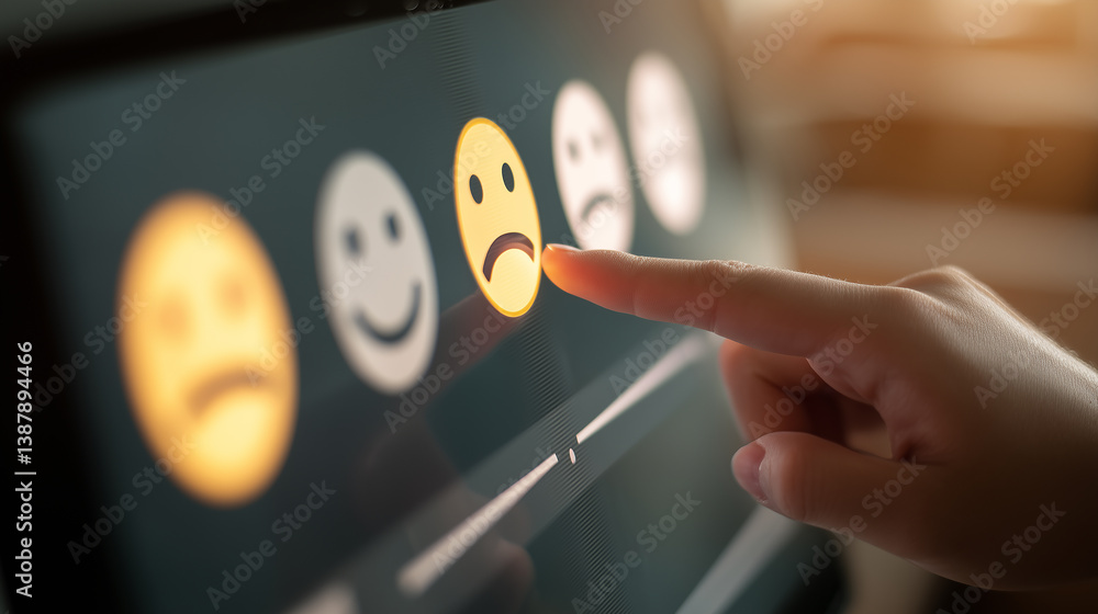Poster hand touches digital user feedback interface with smiley faces representing emotions and satisfactio