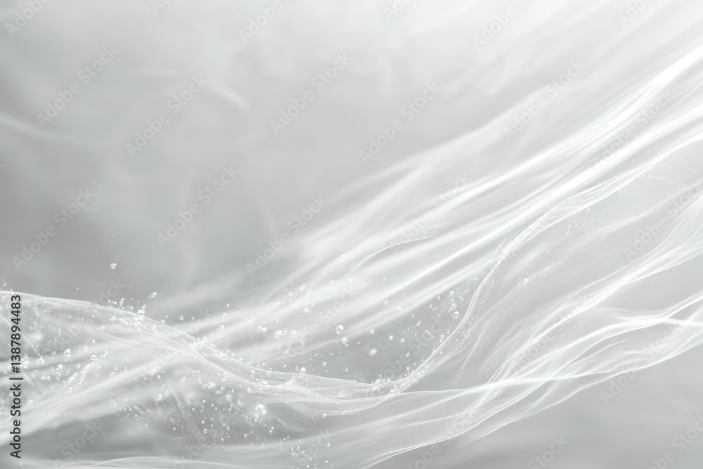 Poster delicate white fabric with subtle ripples and water droplets, creating an elegant and ethereal textu