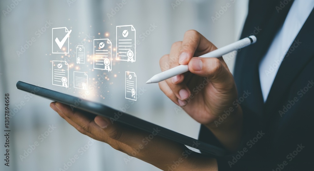 Aufkleber digital workflow and document management concept with electronic tablet and stylus