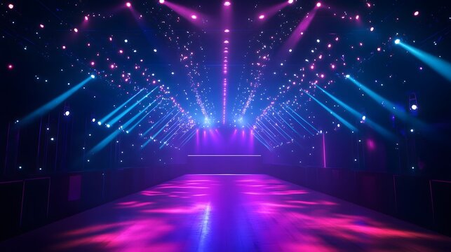 Neon light corridor background. Abstract led and laser stage in futuristic club room. Empty dance concert hall for fashion party. Cyber interior bg with catwalk and glow line in pink and blue