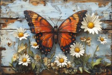 Bright orange butterfly with daisies on distressed blue wood background, perfect for spring and nature-themed designs.

