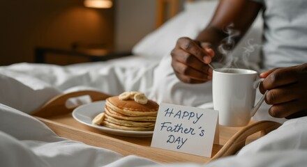 Father's day breakfast in bed with pancakes and coffee. Black father enjoying breakfast in bed