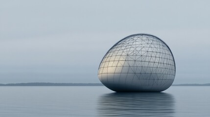 Unique Futuristic Egg-Shaped Sculpture Floating on Serene Water Surface