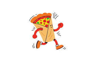 A Cheerful Cartoon Pizza Slice Running with Happy Face and Waving Arms on a Crisp White Field.
