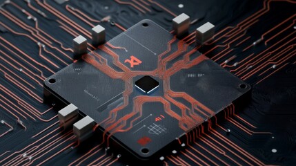 Futuristic Microchip Design with Circuit Patterns and Red Accents