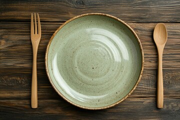 Empty sage green ceramic plate with wooden fork and spoon on rustic brown wooden table. Simple elegance.