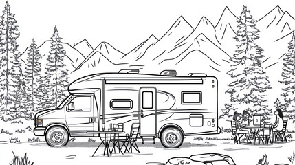 Outdoor Camping RV Scene, Forest Background, Peaceful Vacation