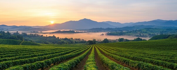 Coffee culture specialty trend concept. Vast vineyard landscape at sunrise with misty mountains in the background.