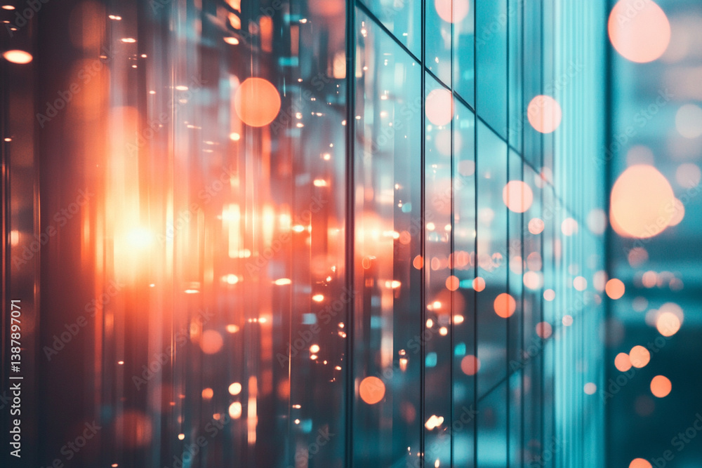 Poster abstract building reflection with warm light and bokeh effect
